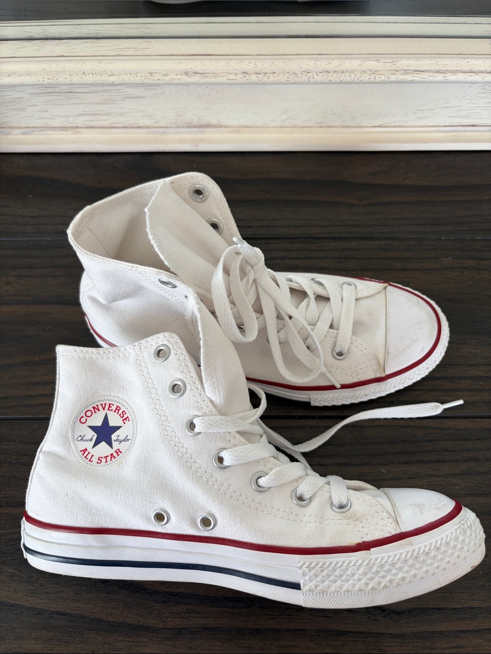 Converse Kids White High Top Sneakers with Red and Navy Trim